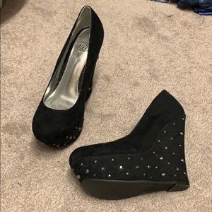 Black Suede Platform Wedges with Rhinestones